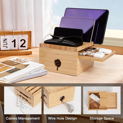Bamboo Charging Station for Multiple Devices, Nightstand Docking Station with Small Tray, Desktop Wood Charger Organizer, Compatible with Cell Phone, Tablet, Earphones (No USB Charger and Cables)