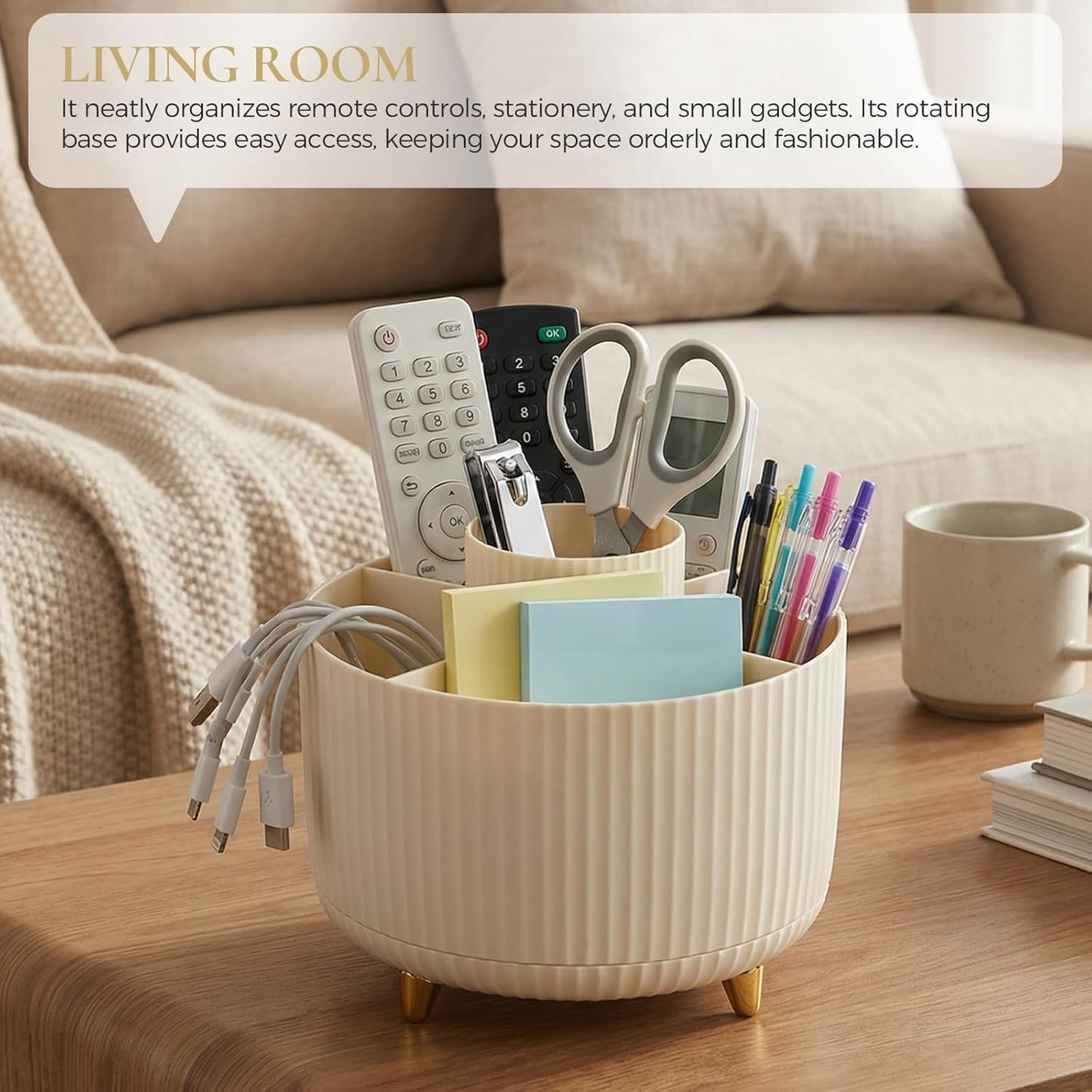 KONVINIT Pencil Pen Holder for Desk, 5 Slots 360 - Degree Rotating Desktop Organizer, Cute Desk Organizers and Accessories for School, Home, Office and Art Supply, Beige