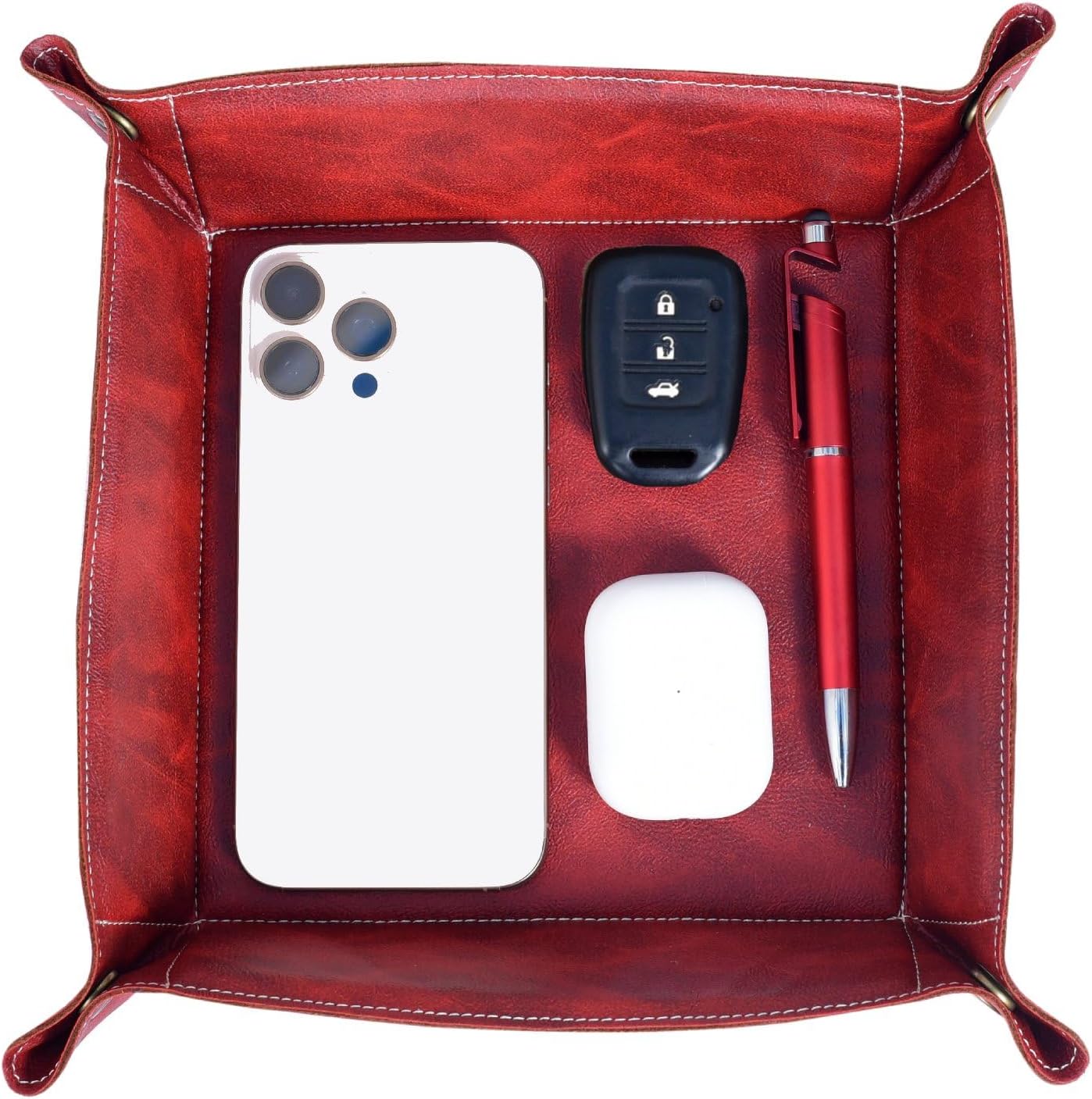Valet Tray Organizer – Foldable Jewelry & Catchall Tray for Keys, Phone & Wallet – Double-Sided Faux Leather with Rubber Padding – Desk & Nightstand Organizer (Cognac Brown)