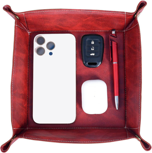 Valet Tray Organizer – Foldable Jewelry & Catchall Tray for Keys, Phone & Wallet – Double-Sided Faux Leather with Rubber Padding – Desk & Nightstand Organizer (Cognac Brown)