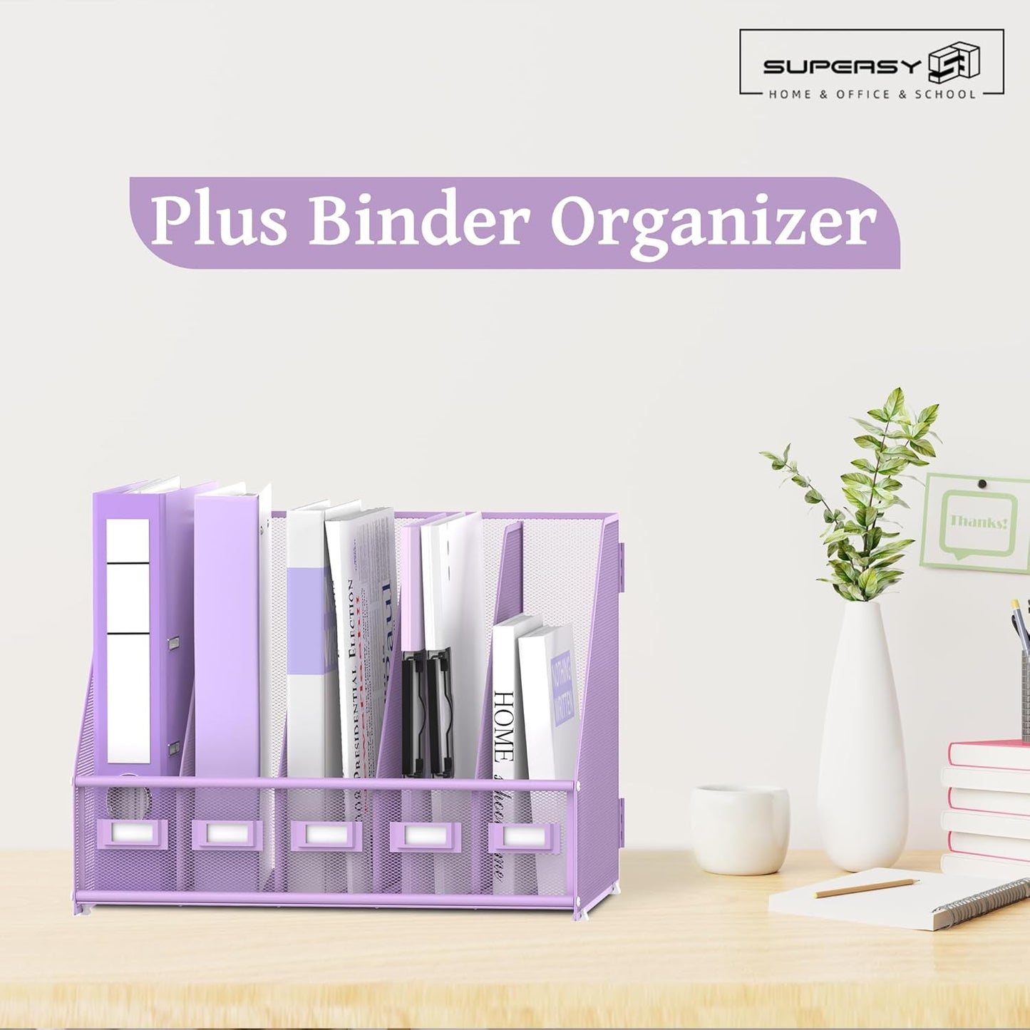 SUPEASY Desk Organizers Metal Desk Magazine File Holder with 5 Vertical Compartments Rack File Organizer for Office Desktop, Classroom, Home Workspace, Black