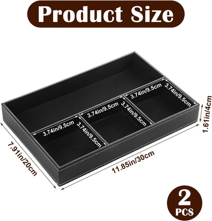 2-Piece Faux Leather Valet Tray Set, Drawer Storage Organizer Divider for Desk, Nightstand, Jewelry, Keys, Wallet, Sunglasses, Phone, Watch - Black