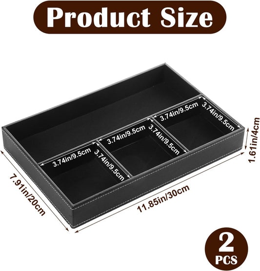 2-Piece Faux Leather Valet Tray Set, Drawer Storage Organizer Divider for Desk, Nightstand, Jewelry, Keys, Wallet, Sunglasses, Phone, Watch - Black