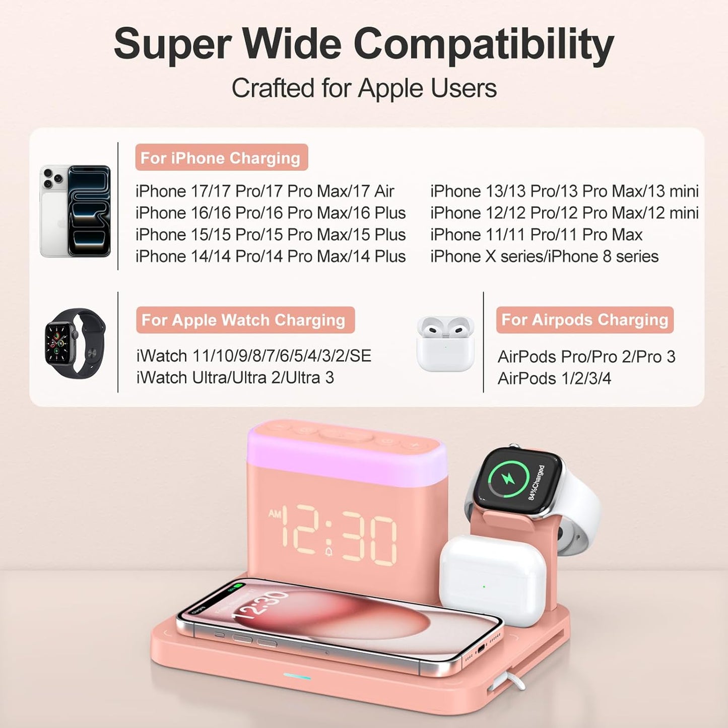ANJANK Wireless Charging Station,5 in 1 Multiple Charger Stand with Alarm Clock,7 Night Light,Mag-Safe Charging Dock for iPhone 17 16 15 14 13 12 Pro Max Plus,Apple Watch 11/10/9/8,for Airpods,Bedroom