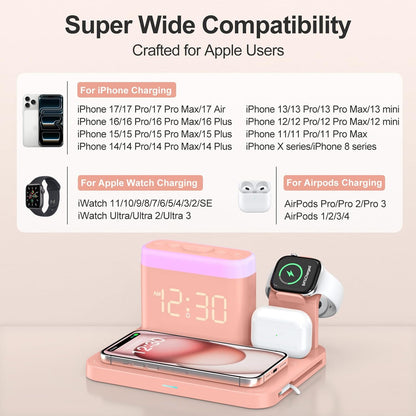 ANJANK Wireless Charging Station,5 in 1 Multiple Charger Stand with Alarm Clock,7 Night Light,Mag-Safe Charging Dock for iPhone 17 16 15 14 13 12 Pro Max Plus,Apple Watch 11/10/9/8,for Airpods,Bedroom