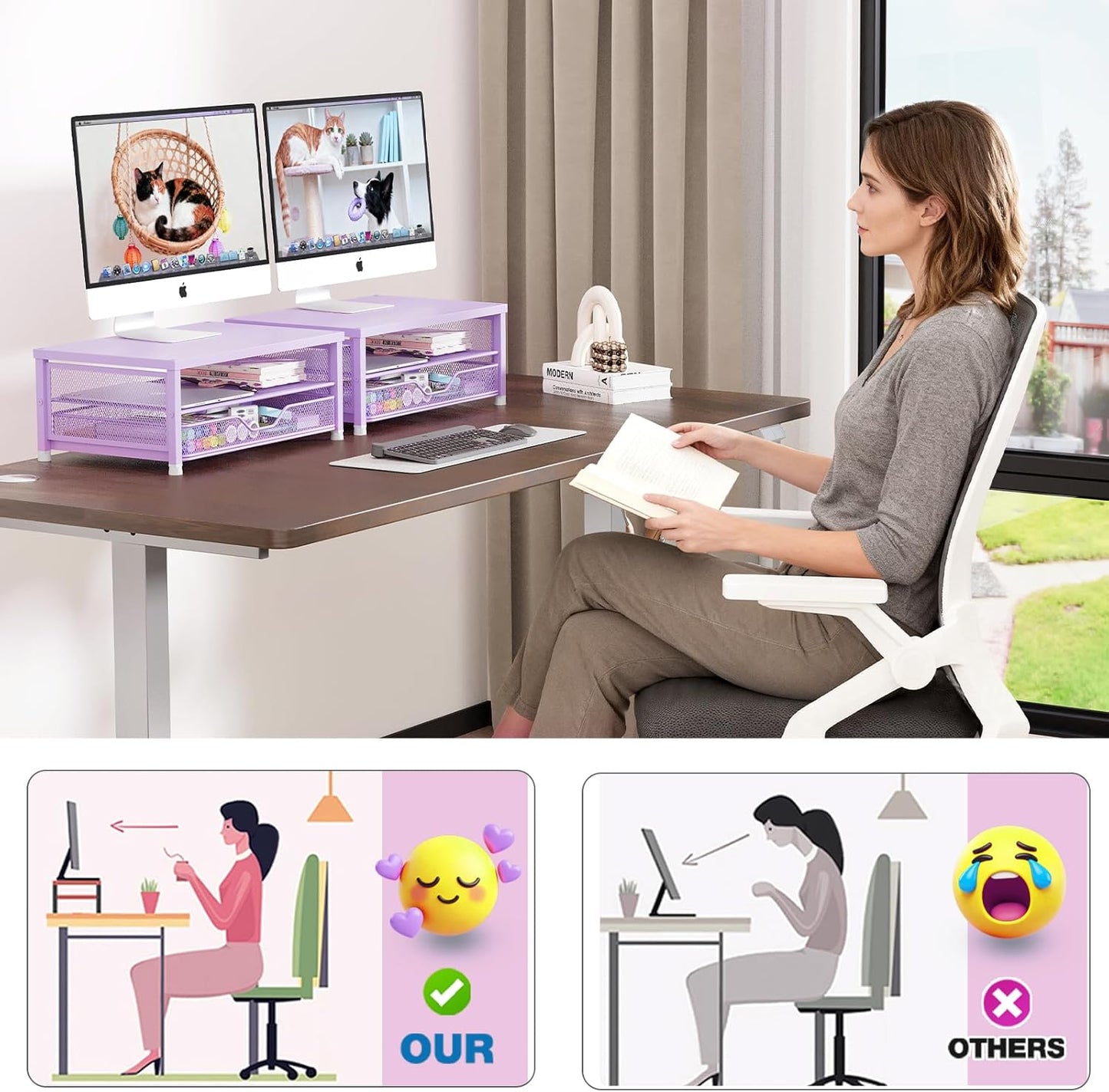 OPNICE Computer Monitor Stand Riser, Desk Organizer with Drawer, Printer & Laptop Stand, Office Desk Accessories & Workspace Desktop Organizers Storage for Office Supplies(Brown)