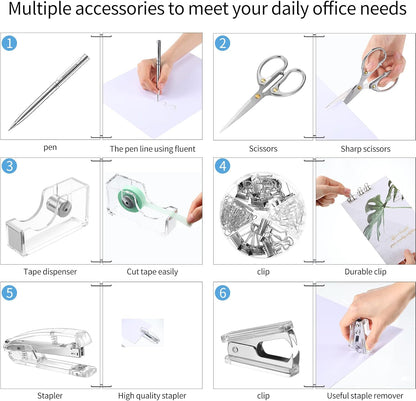 Office Supplies Set Desk Accessory Kit, Acrylic Stapler Set Staple Remover, Tape Dispenser, Binder Clips, Paper Clips, Ballpoint Pen and Scissor with 1000 Pieces 26/6 Staples (Silver)