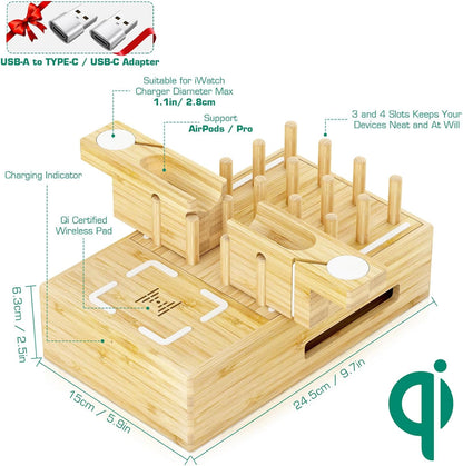 Bamboo Wireless Charging Station for Multiple Devices - Wood Docking Station Organizer, Qi Certified Fast Wireless Charger, 7 USB Charging Ports for Cellphone, Smart Watch, Earbuds, Tablet