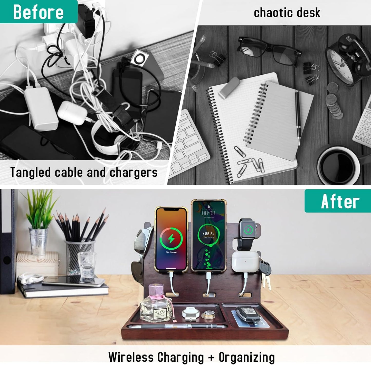 Nightstand Organizer with Drawer Built in 4 USB Charger, Wood Phone Docking Station with Dual Phone Charging Station for Apple Android Phones Anniversary Birthday Gifts for Men Dad Hunsband Mom
