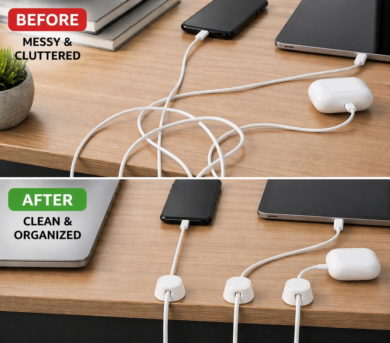 Magnetic Cable Clips (6-Pack), Strong Adhesive Cord Holder for Desk, Nightstand, Car & Cable Management, Black
