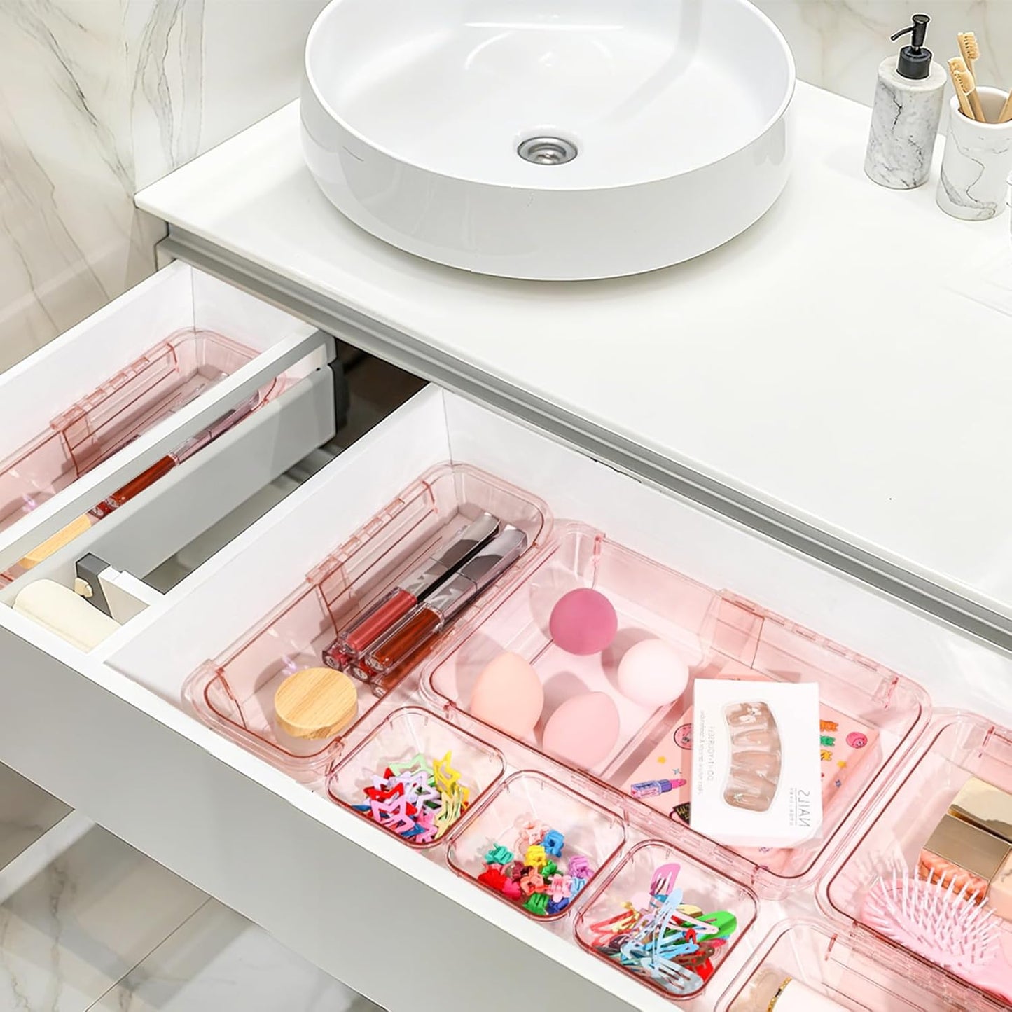 14 Pcs Adjustable Clear Drawer Organizer, Extendable Vanity Storage Bins, Desk Drawer Organizer Set for Makeup, Cosmetics, Bedroom, and Gadgets, Purple