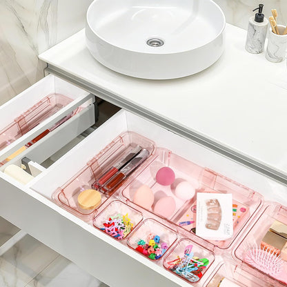 14 Pcs Adjustable Clear Drawer Organizer, Extendable Vanity Storage Bins, Desk Drawer Organizer Set for Makeup, Cosmetics, Bedroom, and Gadgets, Purple
