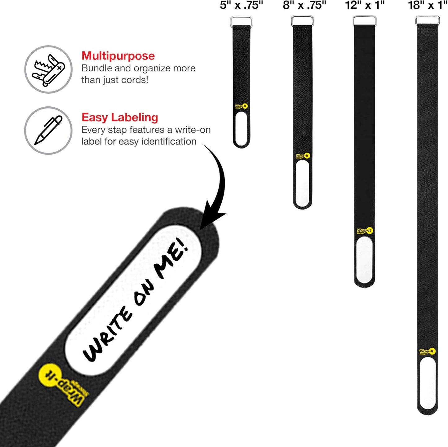 Wrap-It Storage Cinch-Straps, 5" 20 Pack (Red), Features Metal Buckle and Write on Label for Easy Cord Identification and Cable Management, Reusable Multi-Purpose Securing Cinch Straps