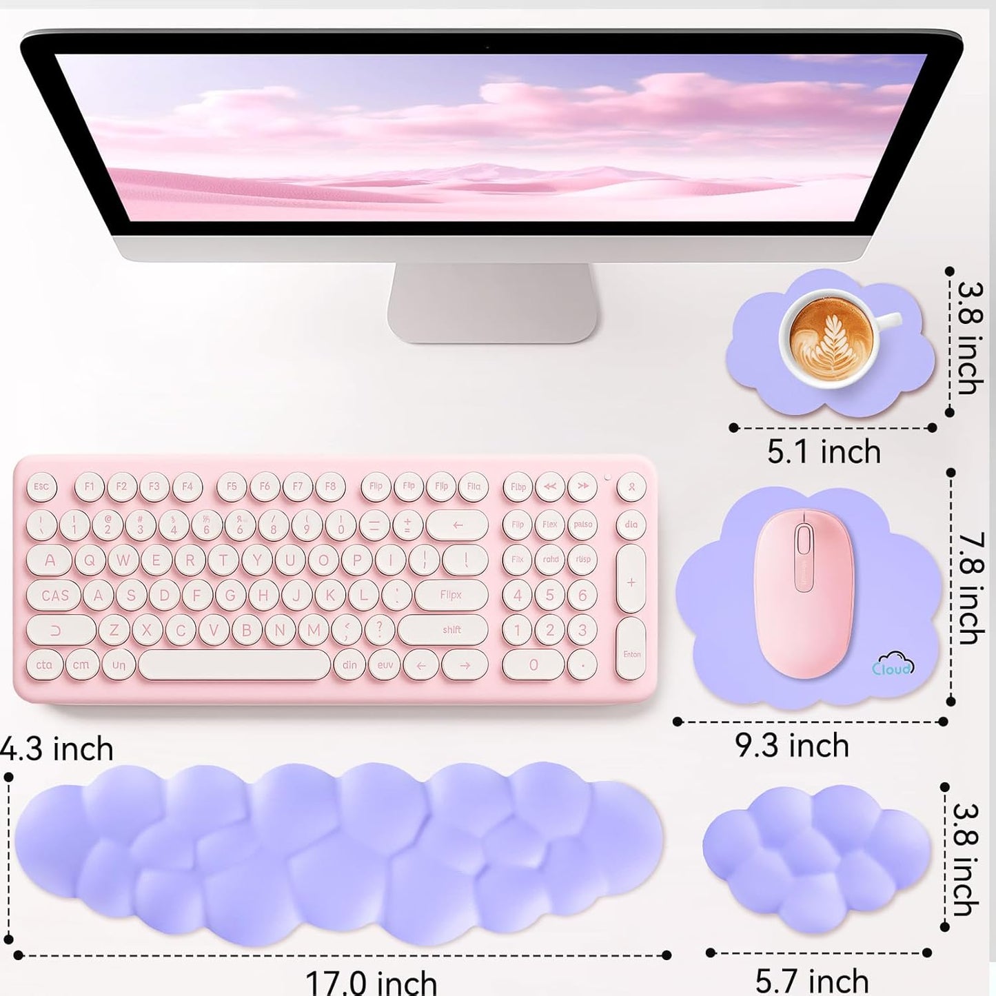 Sushret Cloud Wrist Rest for Computer Keyboard, 4-in-1 Memory Foam Leather Cloud Keyboard Wrist Rest and Mouse Pad Set with Ergonomic Support for Arm and Palm Cushion, Gaming/Work Setup, Rainbow