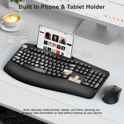 Wireless Keyboard and Mouse Combo, 2.4G Full Size Wave Keys Ergonomic Keyboard with Wrist Rest, Phone Holder, 3-Level DPI Wireless Silent Mouse with 6-Buttons, for Windows, Mac OS, Laptop, PC (Black)