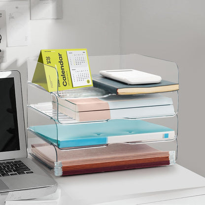 Desk Organizer and Storage,3-Tier File Paper Tray Organizers,Stackable Clear Desktop Organizer for Documents,Book Magazine Storage,Office Supplies (Clear,3 Pack)