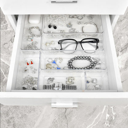 Manalete Drawer Organizers Set of 15, 4 Sizes Clear Plastic Drawer Organizers and Storage Bins for Kitchen, Bathroom, Office, Dresser Desk Drawer Organizer Tray for Jewelry, Makeup, Junk, Gadgets