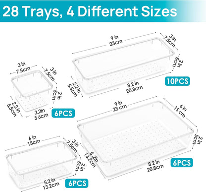 Vtopmart 66 PCS Clear Plastic Drawer Organizer Bins, 4-Size Versatile Bathroom and Vanity Organizer Trays, Acrylic Storage Containers for Makeup, Jewelry, Toiletry, Kitchen Utensils and Office Supply