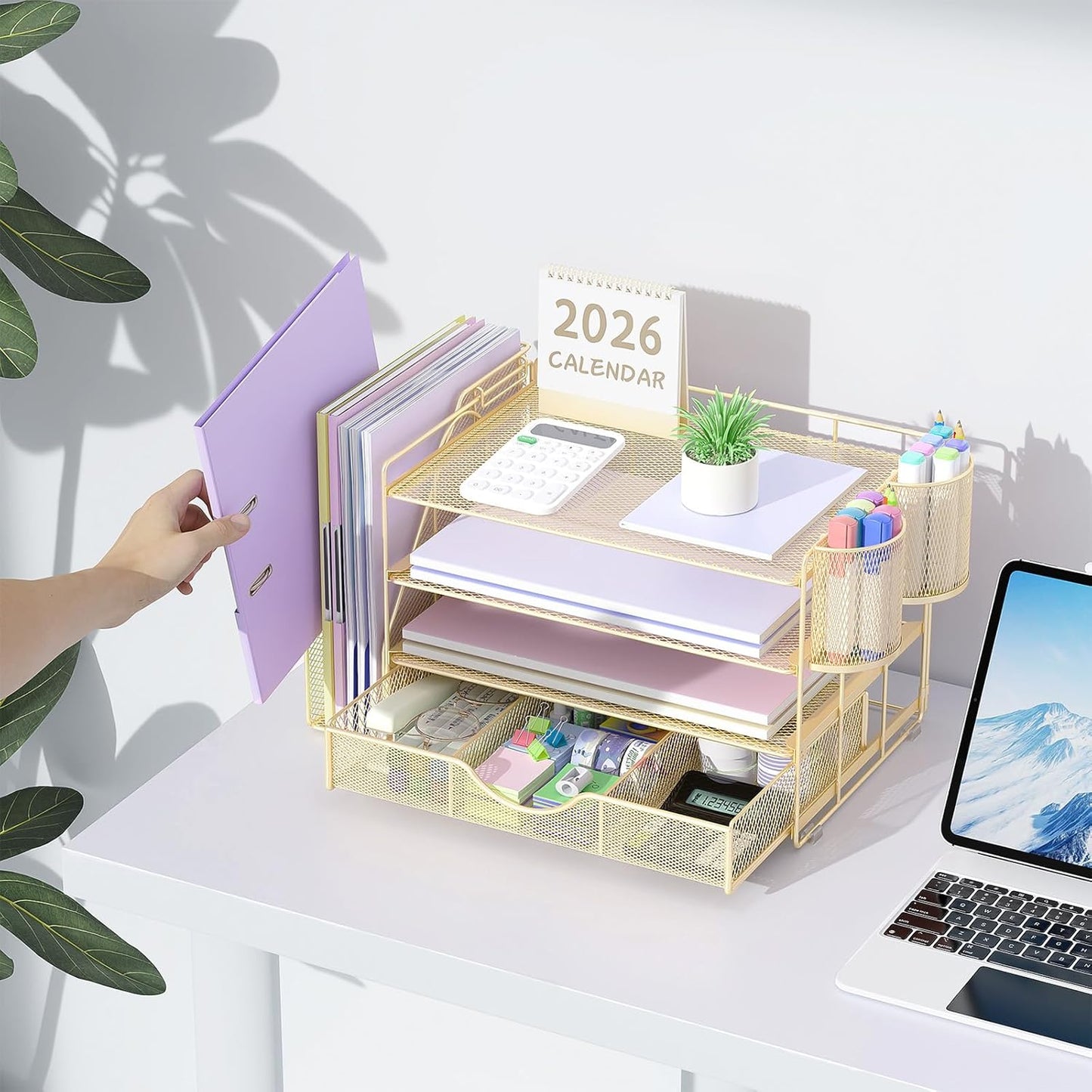 gianotter Desk Organizers and Accessories with File Holder, 4-Tier Desk Accessories & Workspace Organizers with Drawer and 2 Pen Holder, Paper Organizer for Office Supplies (Rose Gold)