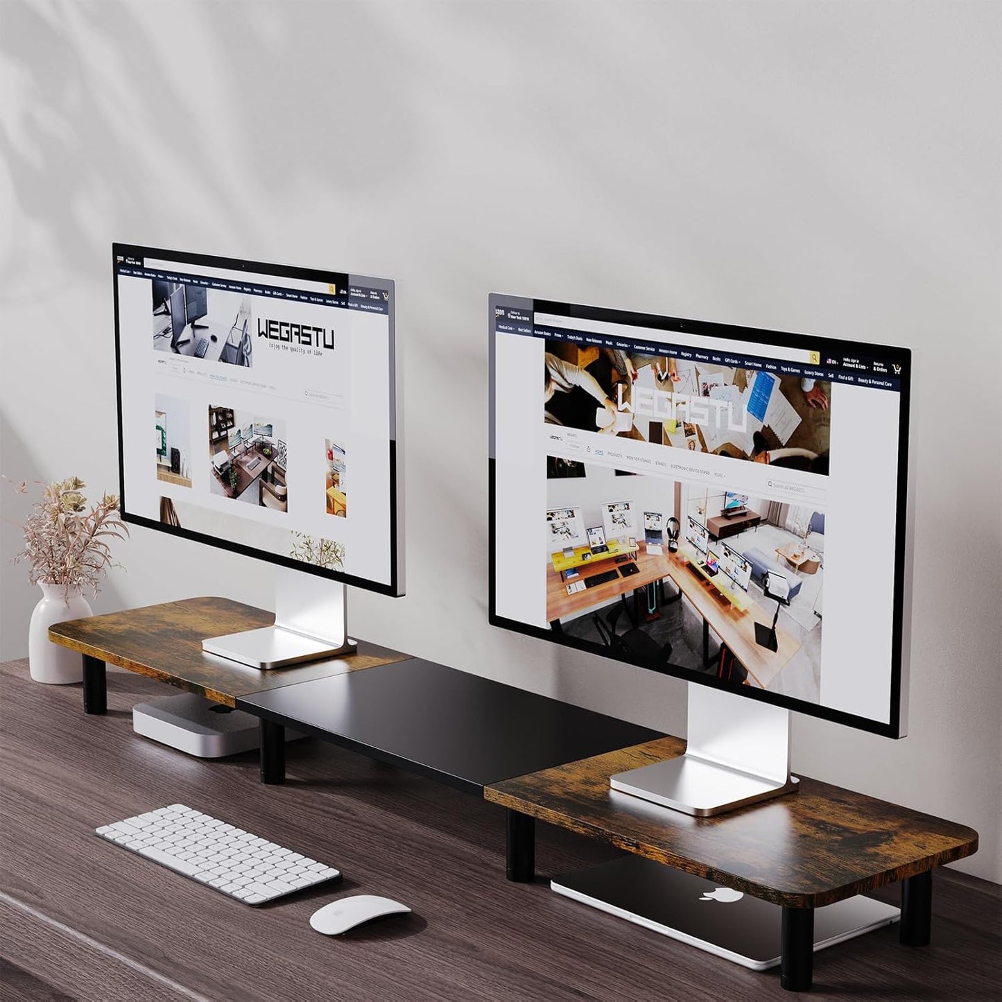 Dual Monitor Stand - 43.7 inch Extra Long Wide TV Stand - Wood & Steel Leg Desktop Riser - Desk Organization - Home Office (Vintage)