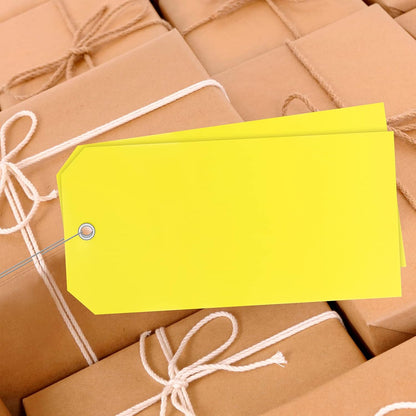 XUWAIDSGN 100 Yellow Plastic Shipping Tags with Wire, Pack of 100, 4 3/4" x 2 3/8", Durable, Waterproof, Blank, Writeable, Multi-Purpose Labels