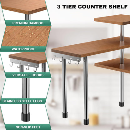 ZHWS Kitchen Countertop Organizer Spice Rack for Salt, Bathroom Counter Organizer Over Sink for Makeup, Skincare, Adjustable 3-Tier Corner Counter Shelf with 4 Hooks for Coffee Bar Dresser Table