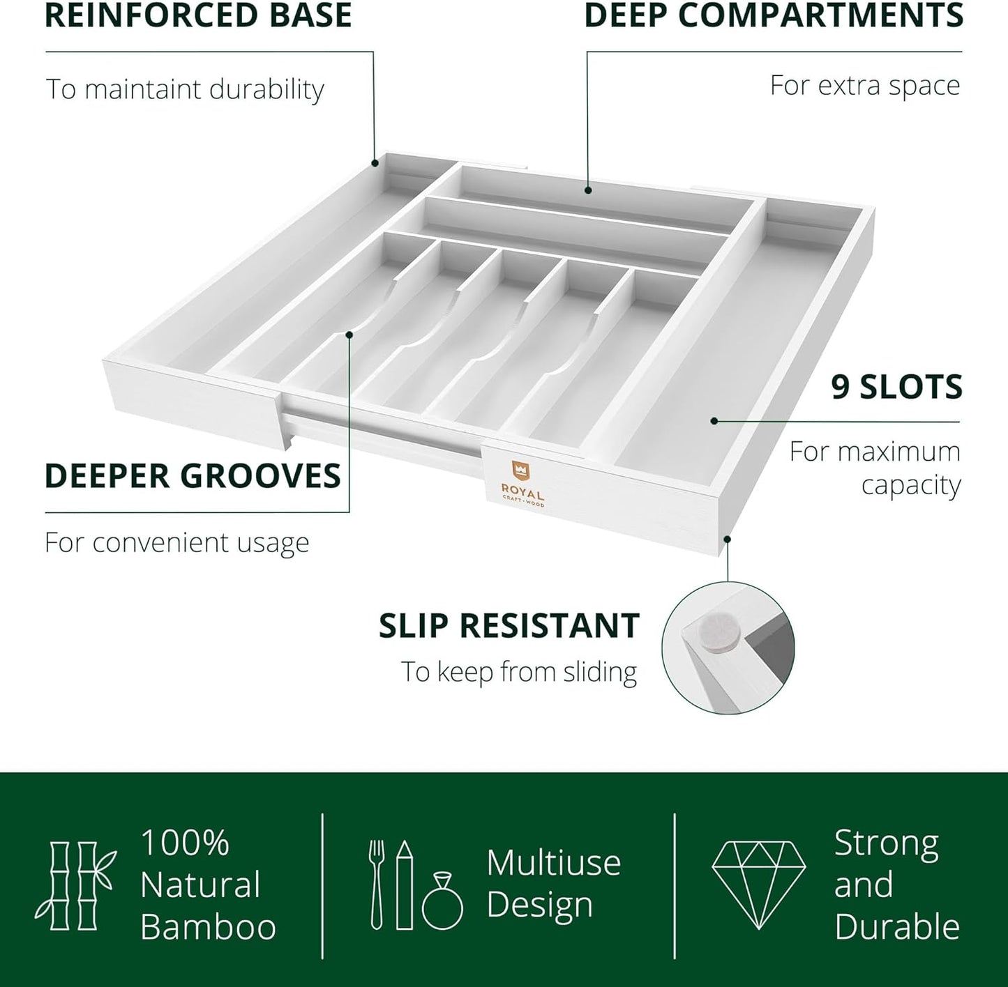 ROYAL CRAFT WOOD Luxury Bamboo Kitchen Drawer Organizer - Silverware Organizer, Utensil Holder & Cutlery Tray Drawer Dividers for Flatware (9 Slot, Natural)
