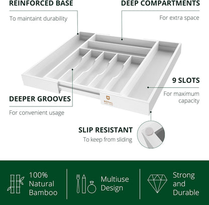 ROYAL CRAFT WOOD Luxury Bamboo Kitchen Drawer Organizer - Silverware Organizer, Utensil Holder & Cutlery Tray Drawer Dividers for Flatware (9 Slot, Natural)