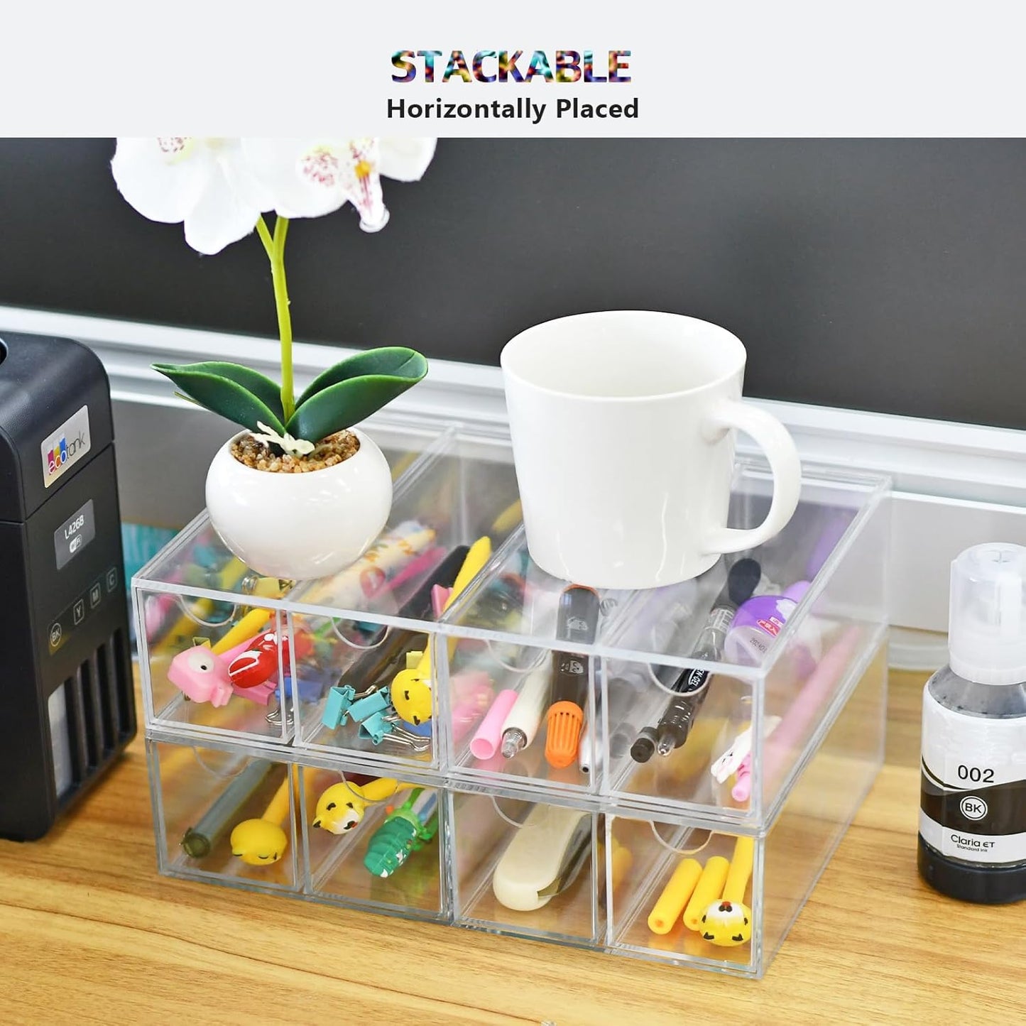 2 Pack Desktop Organizers of 8 Storage Drawers, Clear Acrylic Glasses Storage Drawers Organizer Office Desk Organizer for Vanity Table, Bathroom Counter, Teacher Desk, Dorm