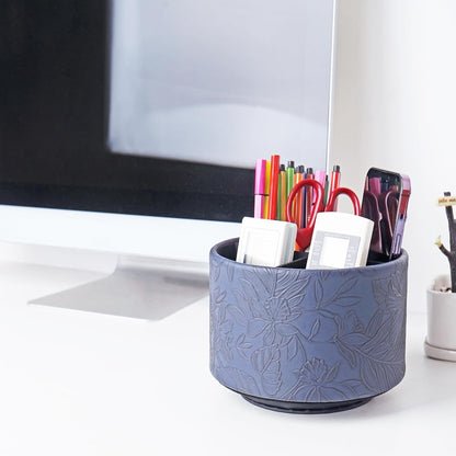 Hennaja Round Leather Art Supply Organizer,Remote Control Holder,360 Degree Rotating,Multi-Functional Pencil Holder,4 Compartments Desktop Stationary Organizer(1-Blue Bird) - Colors A