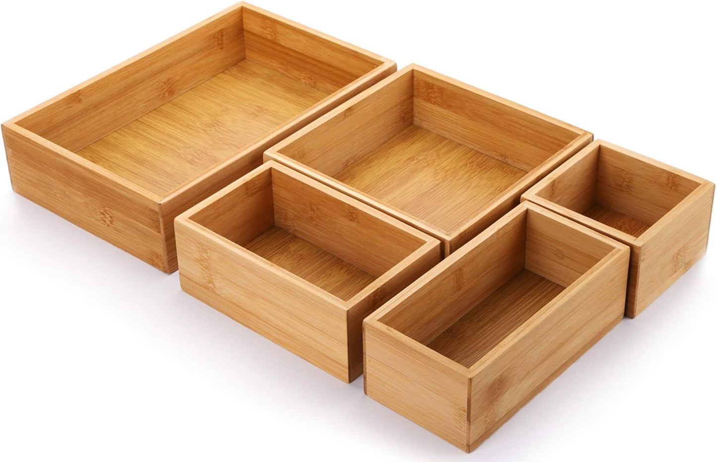 Lawei Set of 5 Bamboo Drawer Organizer Boxes, Desk Storage Box Kit, Drawer Storage Containers Tray Bins for Office, Kitchen, Bedroom, Children Room, Craft, Sewing