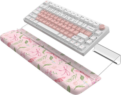 2 in 1 Keyboard Stand for Desktop, Floral Wrist Support for Keyboards, Anti-Fatigue Memory Foam Wrist Rest for Computer, 3-Angle Adjustable Keyboard Riser for Office Home (Pink Bow)