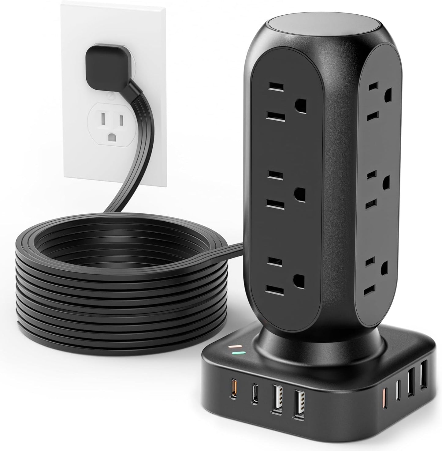 Flat Plug Power Strip Tower 10FT, 40W Total Fast Charging Station, Dual PD 20W USB-C Surge Protector with 12 AC Outlets and 8 USB Ports (4 USB C), Long Extension Cord for Home Office Dorm Room