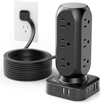 Flat Plug Power Strip Tower 10FT, 40W Total Fast Charging Station, Dual PD 20W USB-C Surge Protector with 12 AC Outlets and 8 USB Ports (4 USB C), Long Extension Cord for Home Office Dorm Room