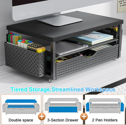 gianotter Wood Monitor Stand Riser, Office Desk Shelf Organizer, Desk Organizer with Drawer and Pen Holder, 2-Tier Computer Stand, Office Organization (Ink)