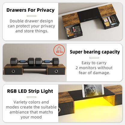 YAOHUOO Dual Monitor Stand with LED Light 2 Drawers, Computer Monitor Riser for 2 Monitors, Large Desktop Organzier with Storage for PC/Laptop/Computer/TV Screen/Printer
