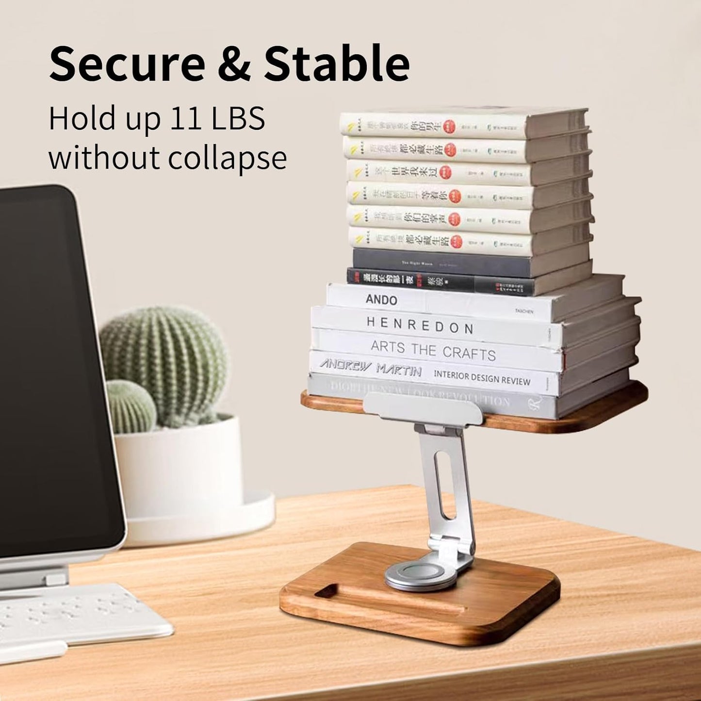 Book Stand for Reading, Mayhas Adjustable Book Holder with 360° Swivel Base&Page Clips, Foldable Desktop Stand for Cookbook, Fits All Books (Walnut, Wood Base)