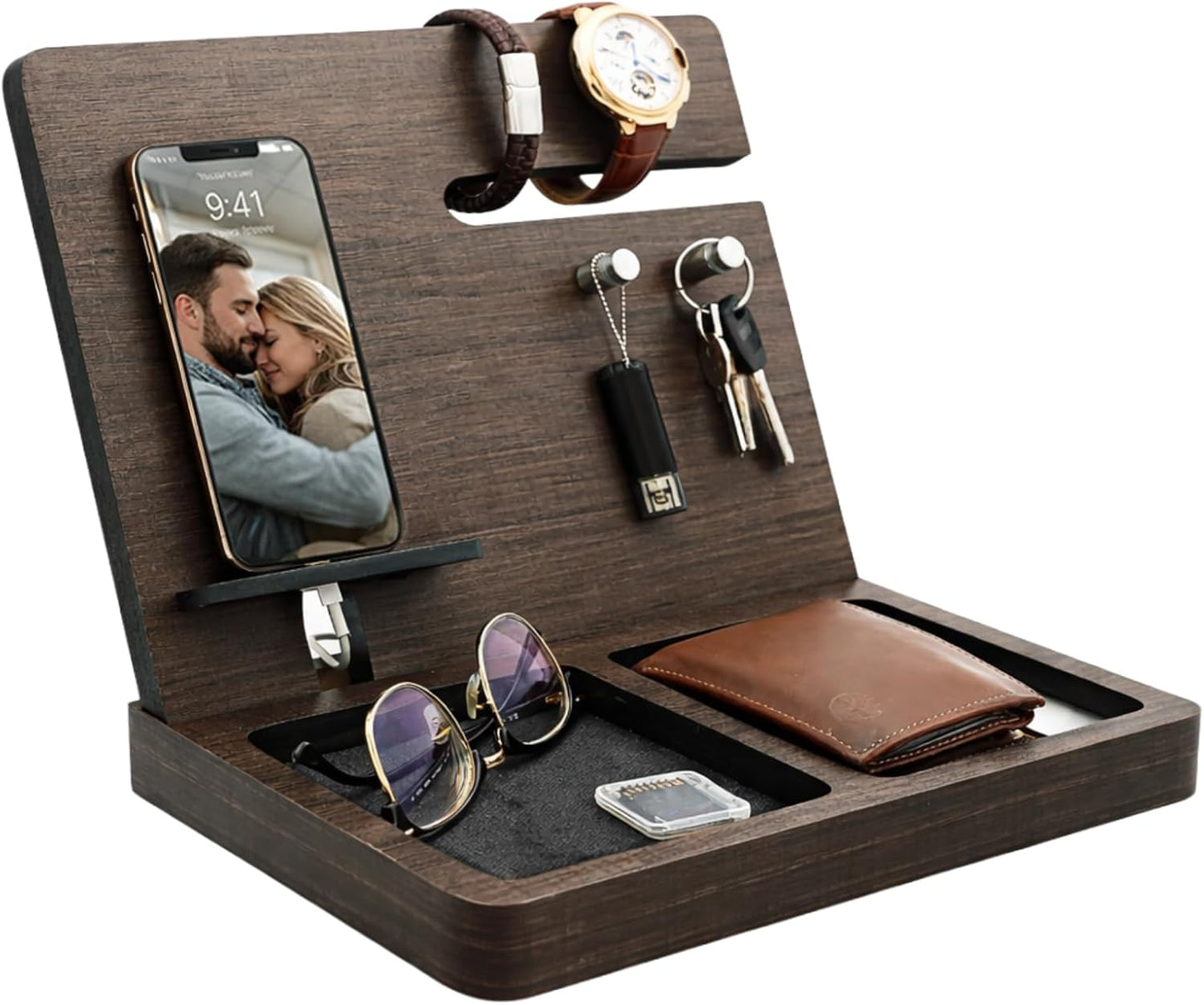 Namore Nightstand Organizer for Men – Wood Phone Docking Station & Bedside Valet Tray Organizer for Wallet, Watch & Keys – Unique Gifts for Men, Husband, Dad