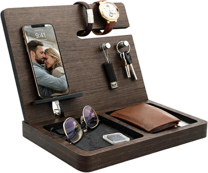 Namore Nightstand Organizer for Men – Wood Phone Docking Station & Bedside Valet Tray Organizer for Wallet, Watch & Keys – Unique Gifts for Men, Husband, Dad