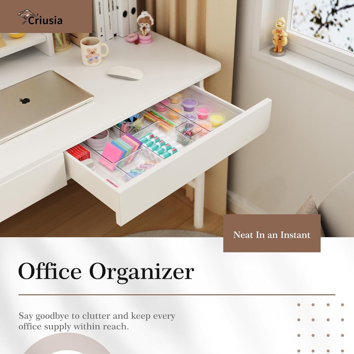 Criusia Drawer Organizer, 10 Pack Large Clear Plastic Set, 3 Size Versatile Bathroom and Vanity Organizer Trays, Storage Bins for Makeup, Bedroom, Kitchen Utensils