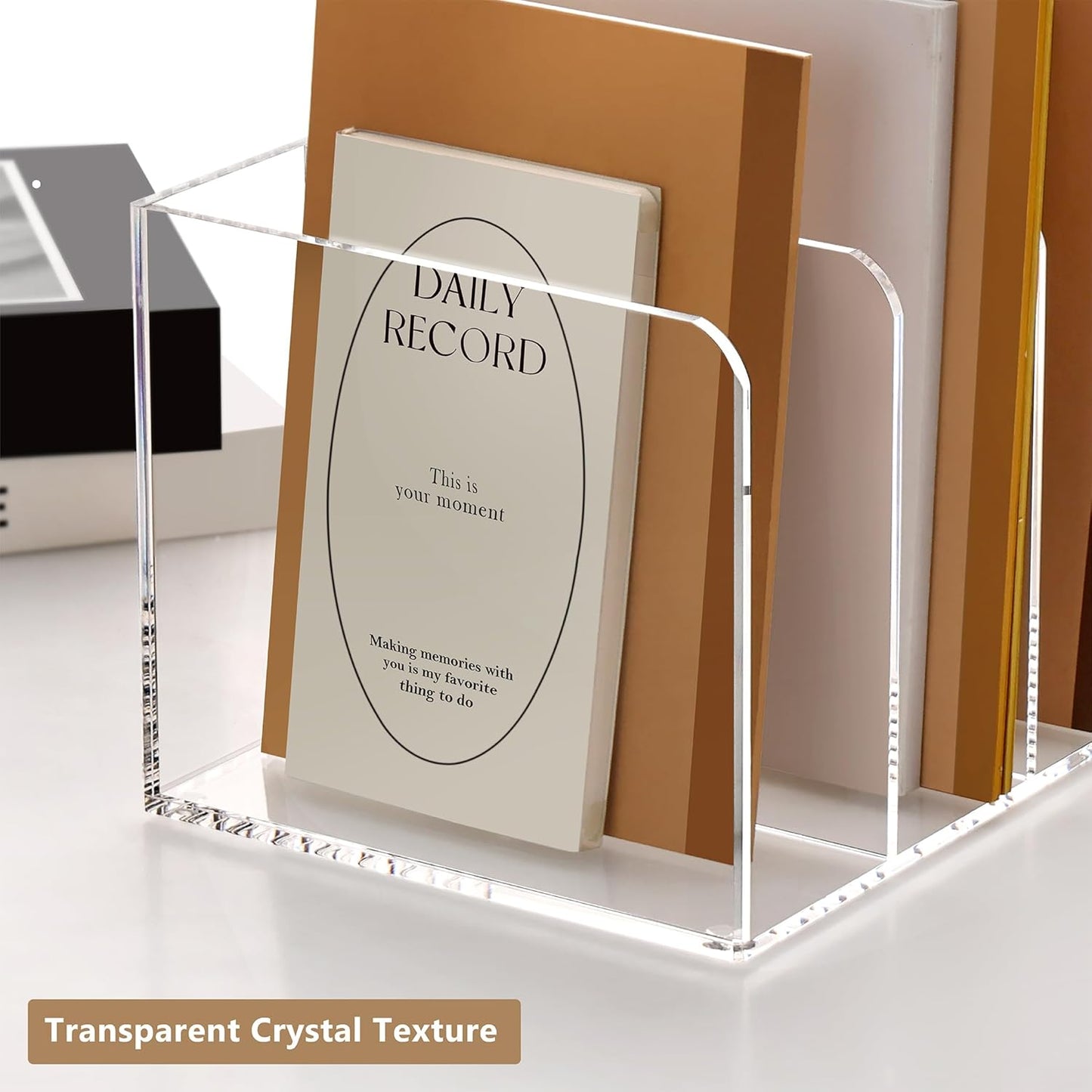 SANRUI Acrylic Desk Magazine File Holder, Clear Desk Organizer with 4 Vertical Compartments, Workspace Document Sorter for Documents, Tablet, Magazines, Books & Accessories