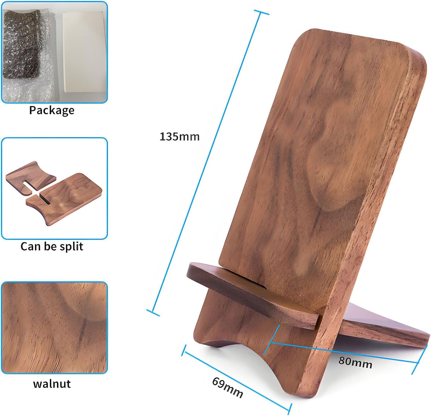 LUCKY BEAN Wood Phone Stand, Desktop Wooden Phone Holder, Portable Phone Stand for Desk, Compatible with iPhone & All Cell Phones (Walnut Wood)