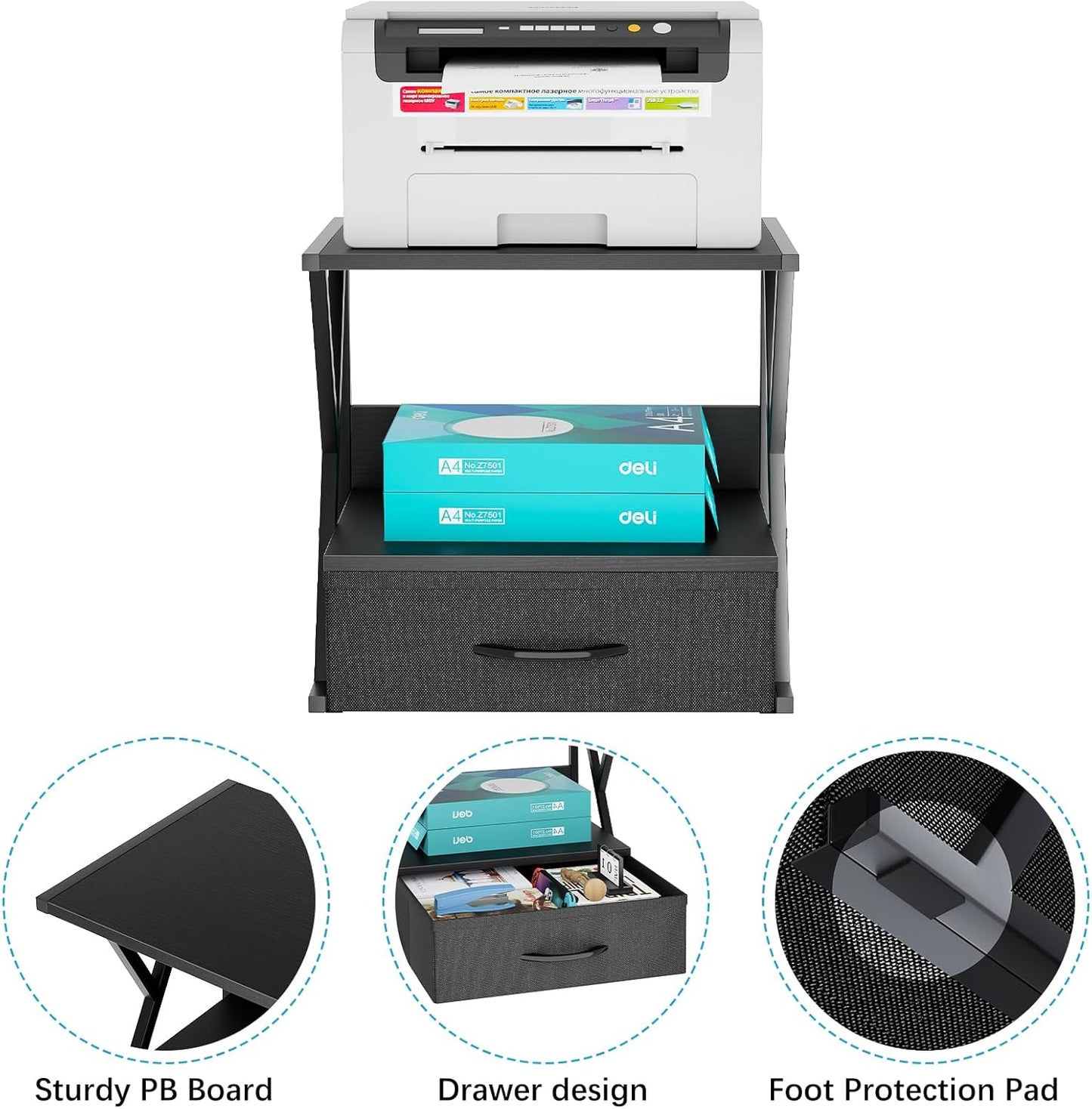 aboxoo Printer Stand for Desk with Storage Drawer, 2 Tier Desktop Or UnderDesk Shelf, Multi-Purpose Desk Organizer for Home Office, fit Fax Machine/3D Printer/Scanner, Rustic Brown