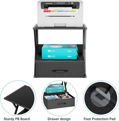 aboxoo Printer Stand for Desk with Storage Drawer, 2 Tier Desktop Or UnderDesk Shelf, Multi-Purpose Desk Organizer for Home Office, fit Fax Machine/3D Printer/Scanner, Rustic Brown