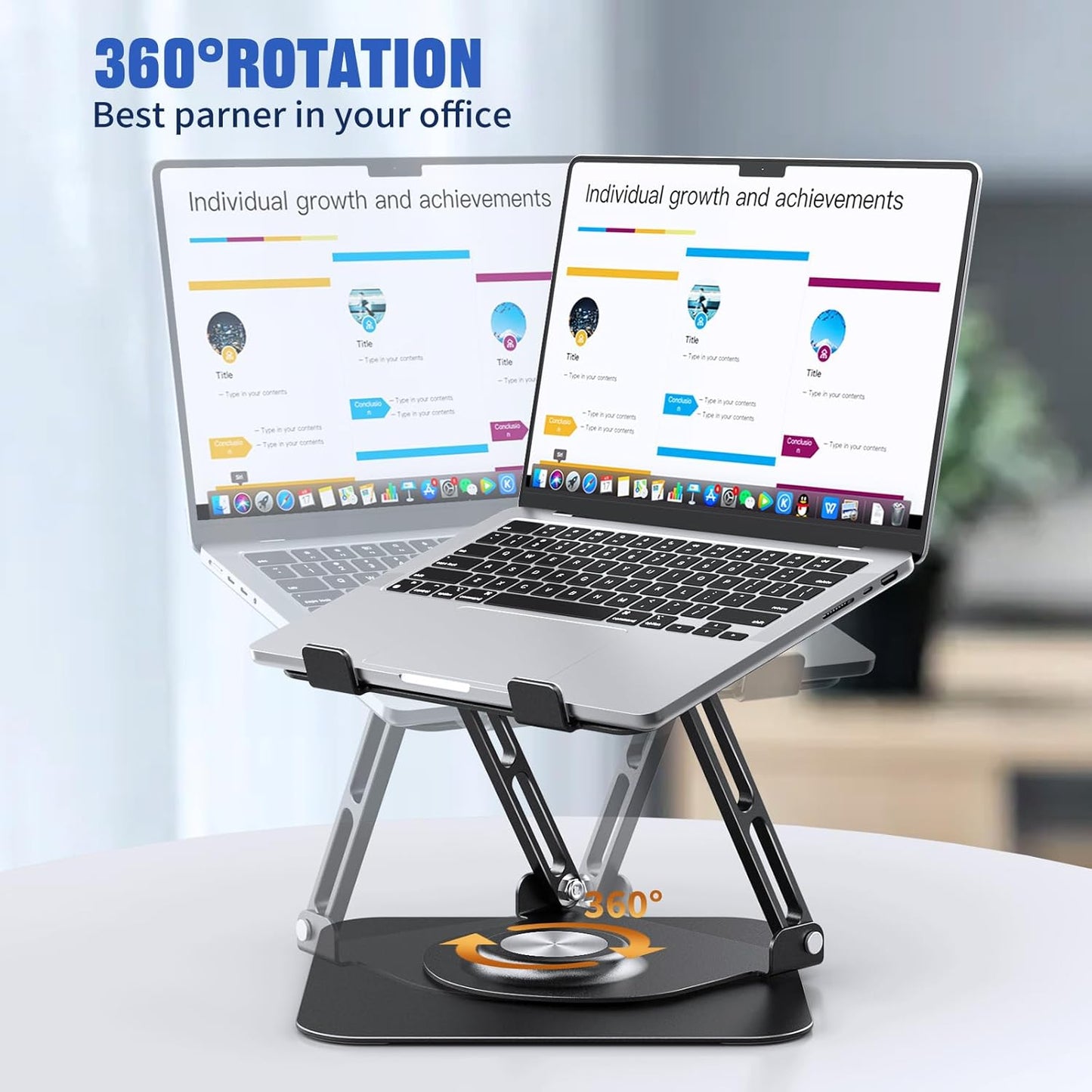JOYEKY Laptop Stand for Desk, Adjustable Computer Stand with 360° Rotating Base, Ergonomic Laptop Riser for Collaborative Work, Foldable & Portable Laptop Stand, fits for All 10-16" Laptops (Grey)
