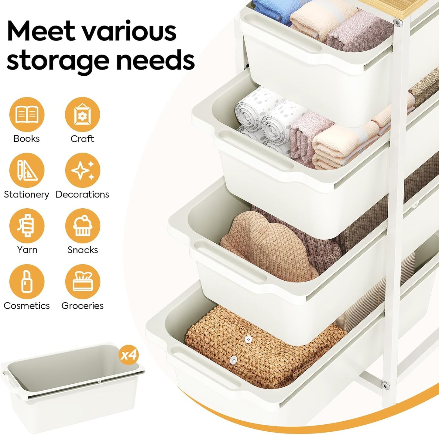 Rolling Storage Cart with 3 Drawers, Craft Organizer, Wooden Tabletop Utility Cart for Bedroom, Children's Room and Office Organization, Under Desk Trolley with Lockable Wheels,White