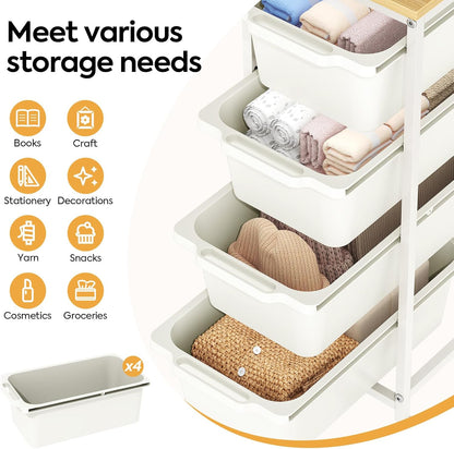 Rolling Storage Cart with 3 Drawers, Craft Organizer, Wooden Tabletop Utility Cart for Bedroom, Children's Room and Office Organization, Under Desk Trolley with Lockable Wheels,White