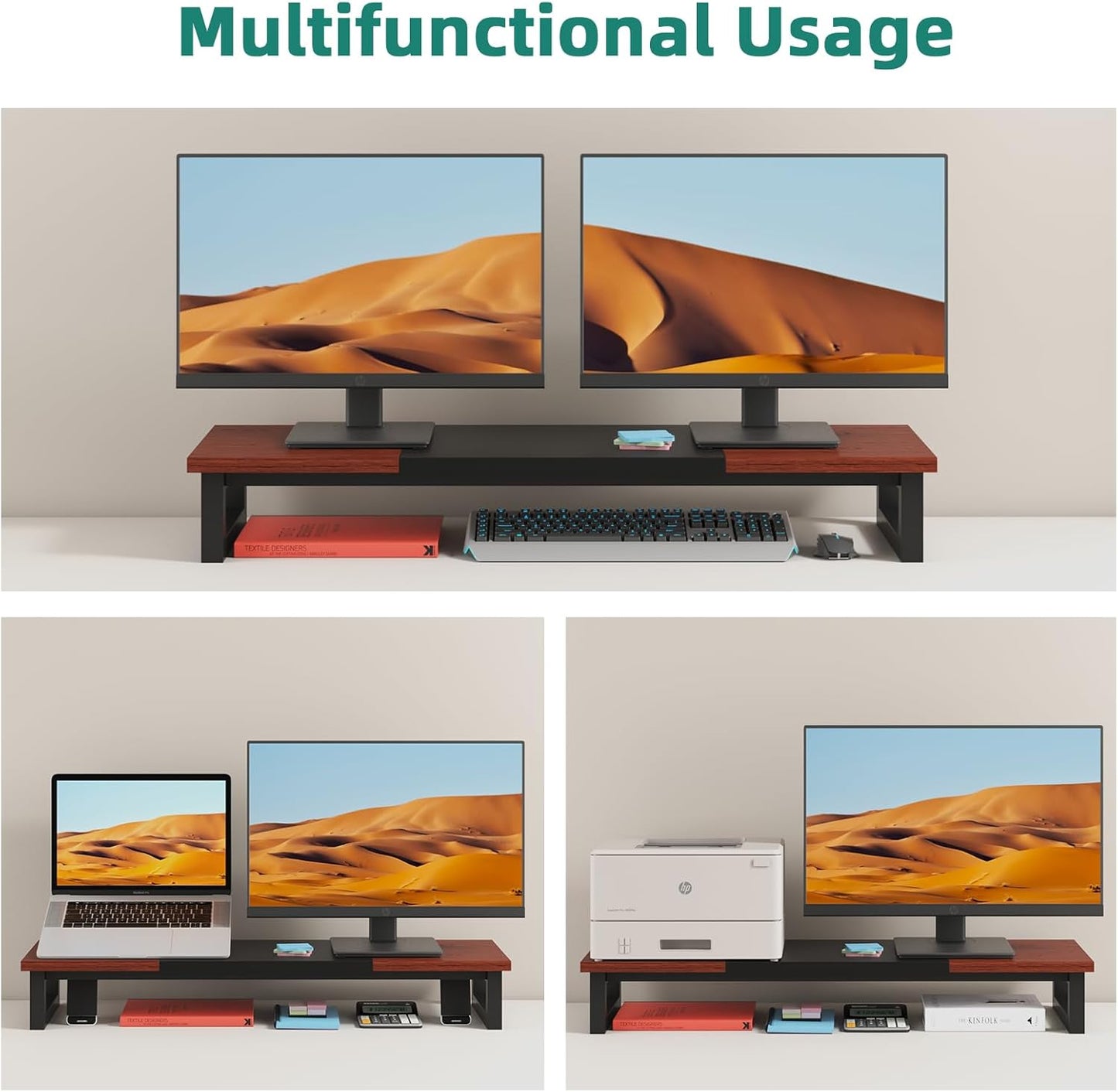 YAOHUOO Dual Monitor Stand Riser, 39Inch Large Monitor Stands for 2 Monitors, Computer Monitor Stand, Wooden Desktop Oraganizer Shelf for Office Desk Computer,Laptop,TV