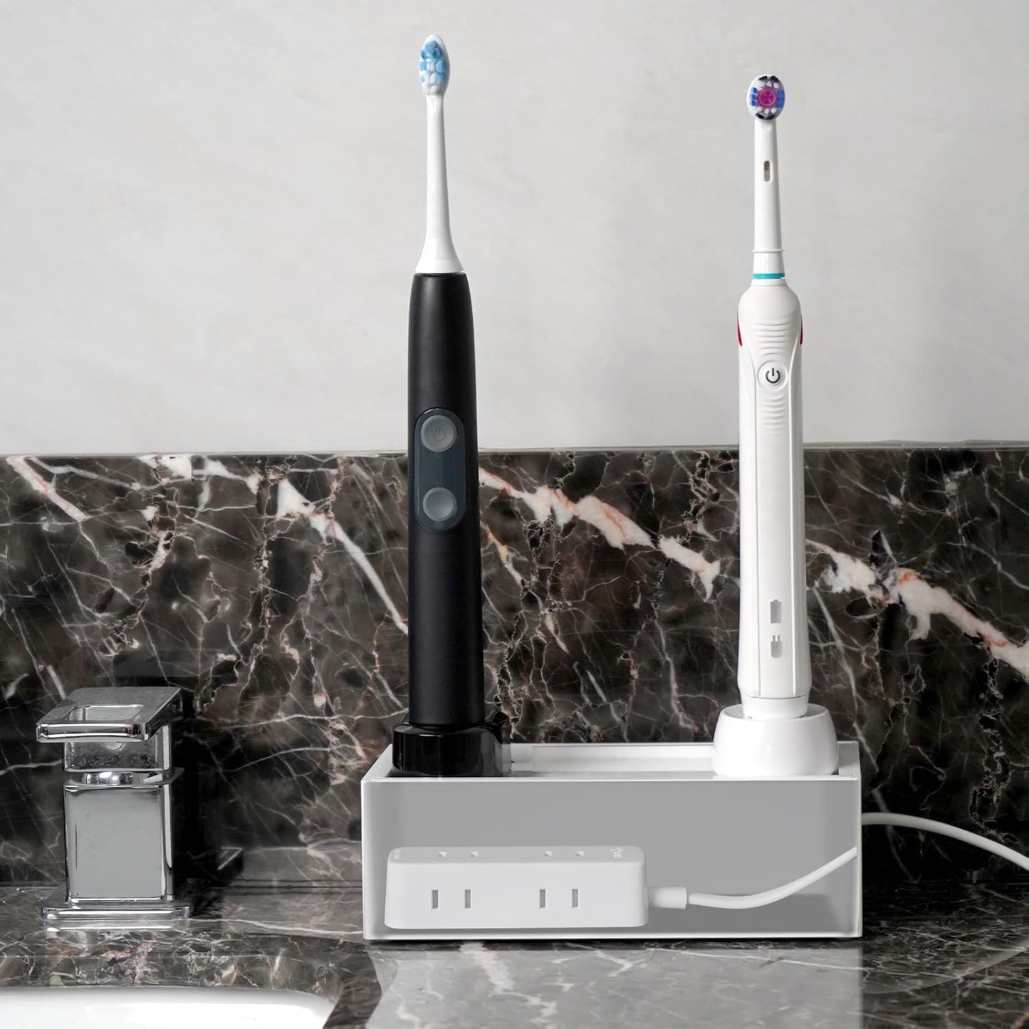 Linkidea Bathroom Electric Toothbrush Cable Box, Vanity Hide Cord Organizer, Charger and Power Strip Storage Case, Keep Countertop & Outlet Clean (White)