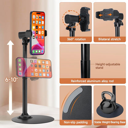 Adjustable Phone Stand for Desk with Clip Mount Live Streaming: 360° Rotatable Overhead Shot Holder with Sturdy Metal Base, Compatible with TikTok, YouTube, Zoom Video Recording (White)
